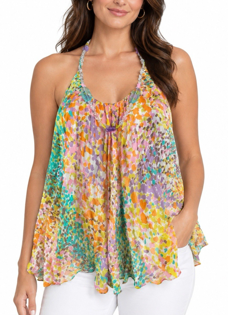 Milly Top Blouse Silk Halter Multi Color Jewel Bead Relaxed Lined Sleeveless 4 S